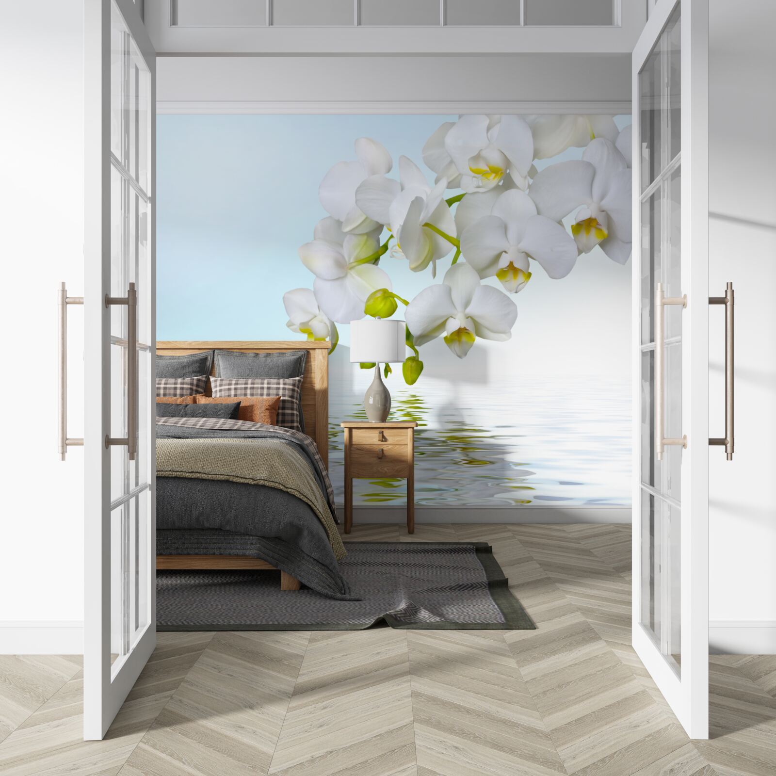 Fototapeta vetva bielej orchidey v blízkosti pokojnej vody