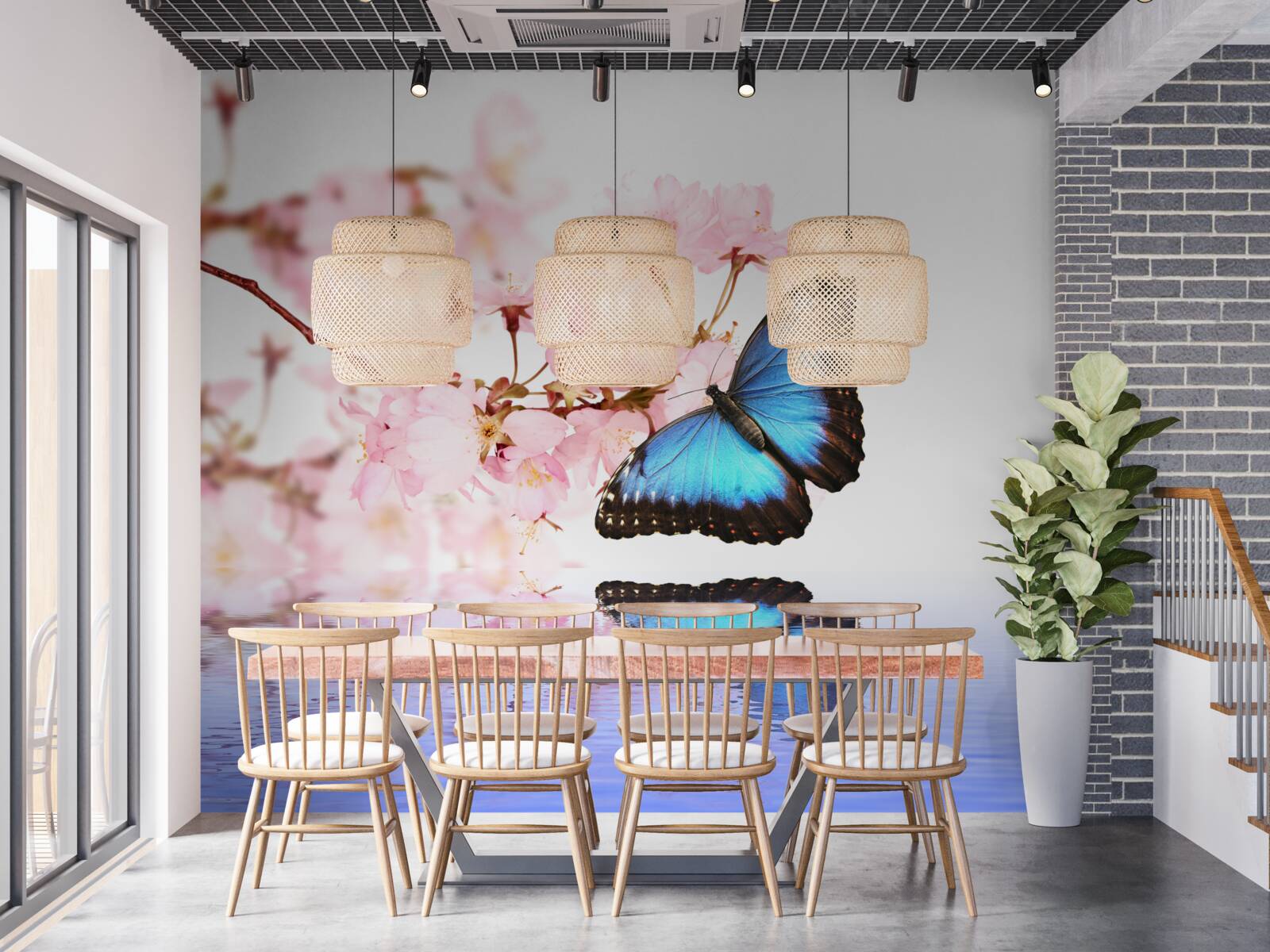 Fototapeta modrý motýľ sedí na čerešni pri vode