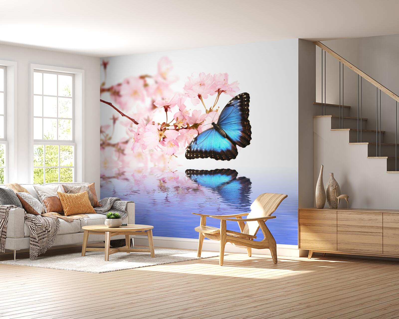Fototapeta modrý motýľ sedí na čerešni pri vode
