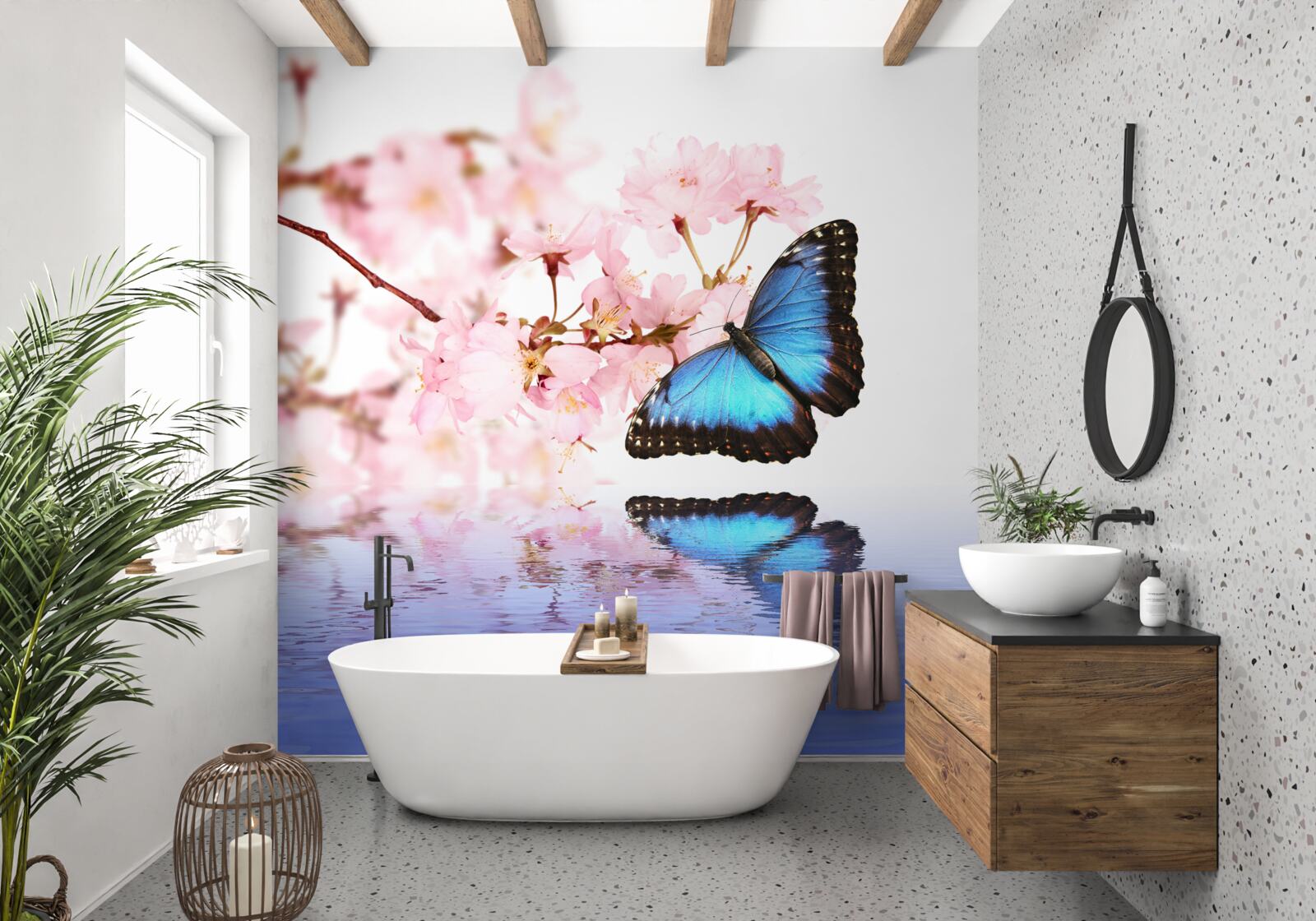 Fototapeta modrý motýľ sedí na čerešni pri vode