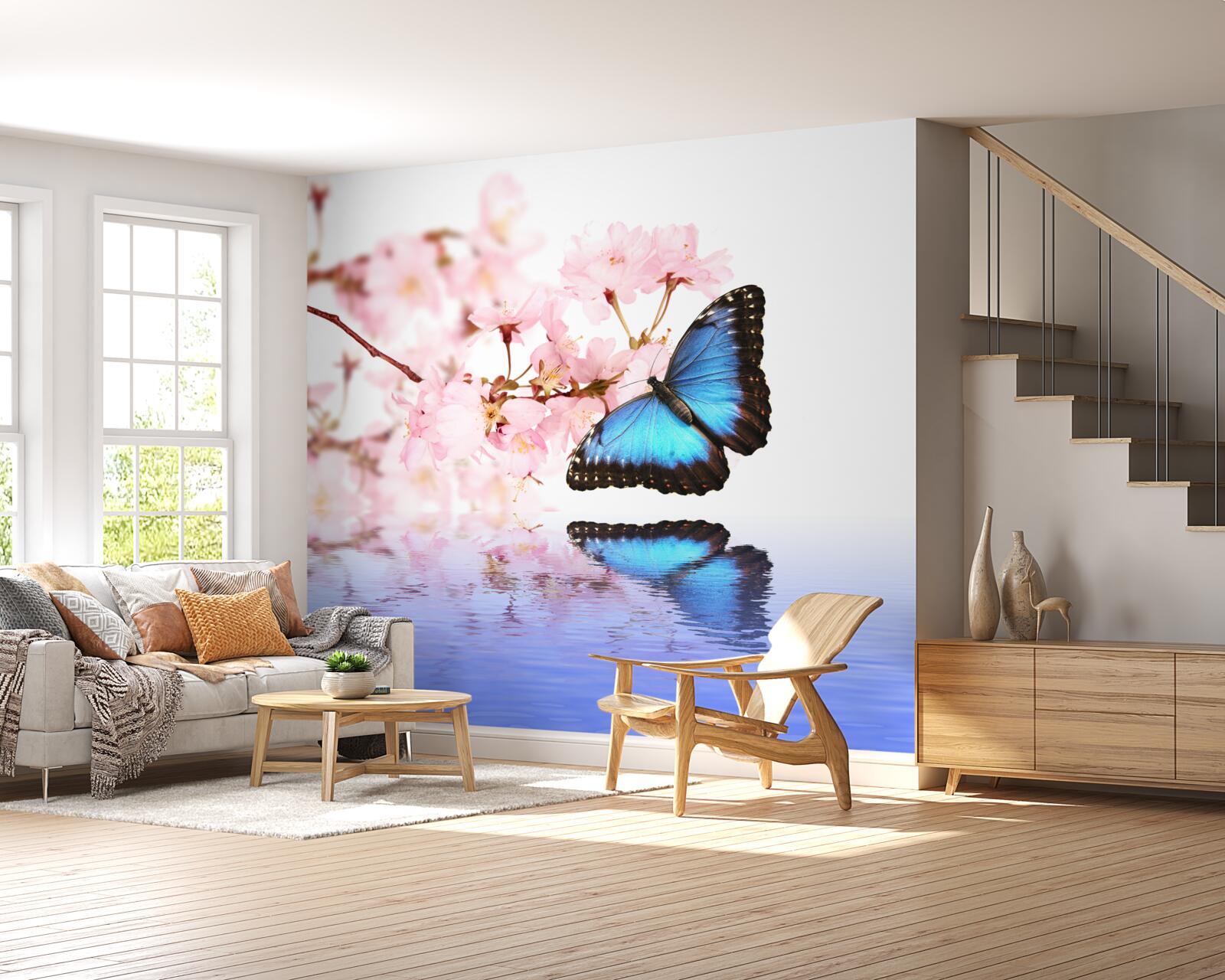 Fototapeta modrý motýľ sedí na čerešni pri vode