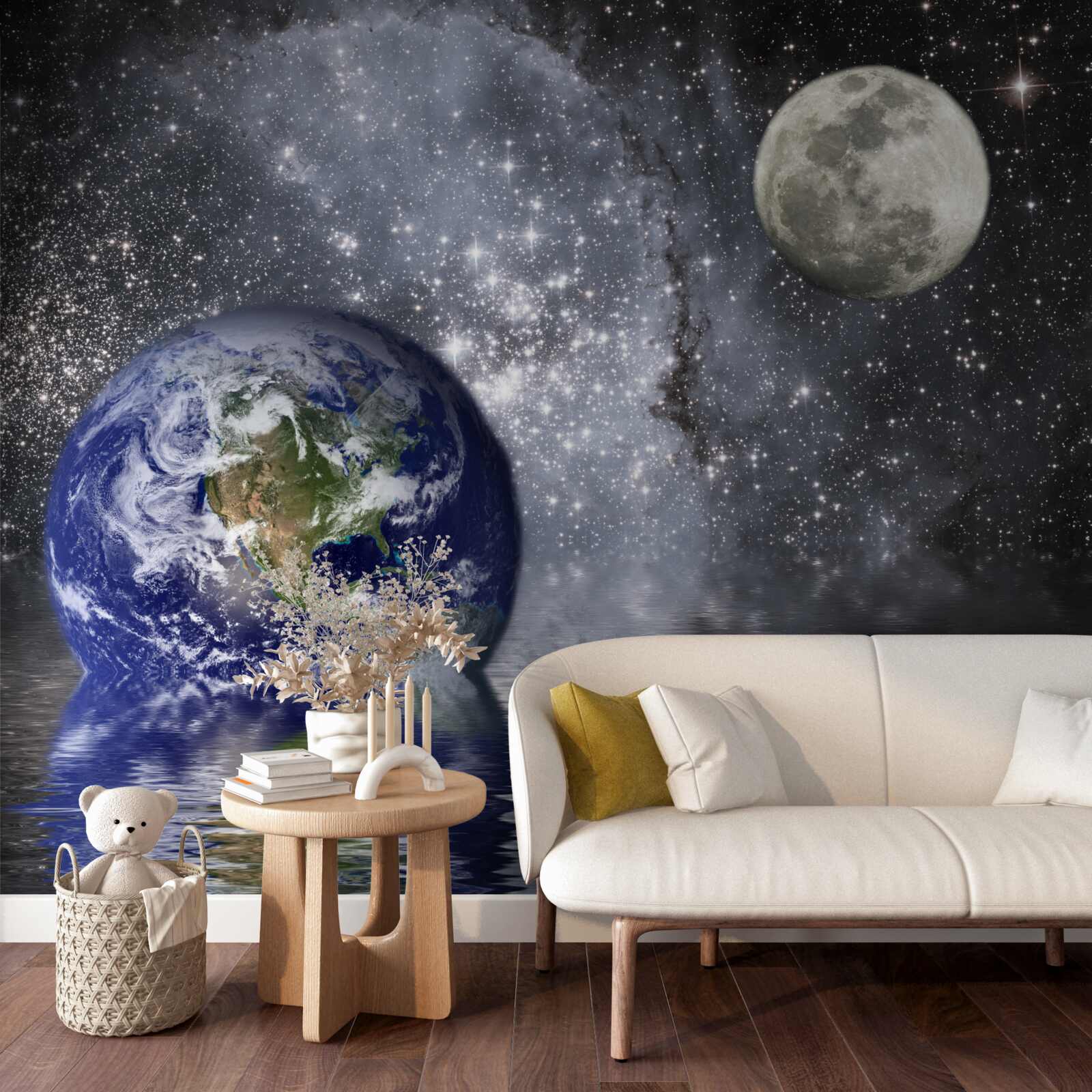 Fototapeta voda obklopuje Zem a Mesiac vo vesmíre