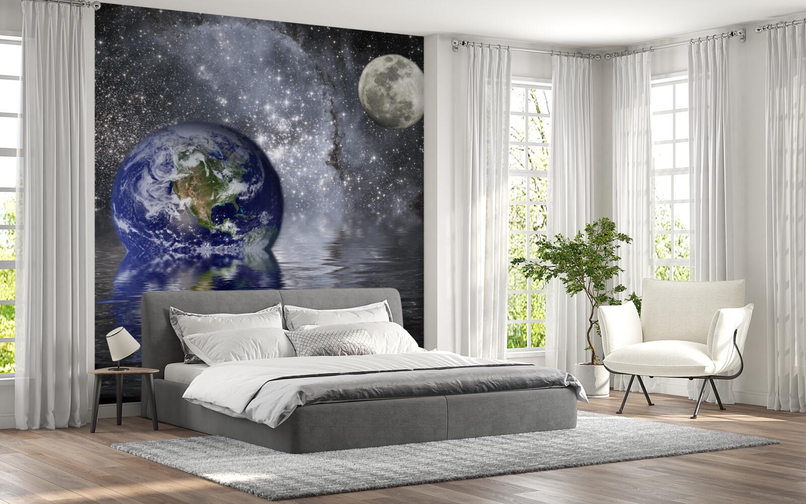 Fototapeta voda obklopuje Zem a Mesiac vo vesmíre