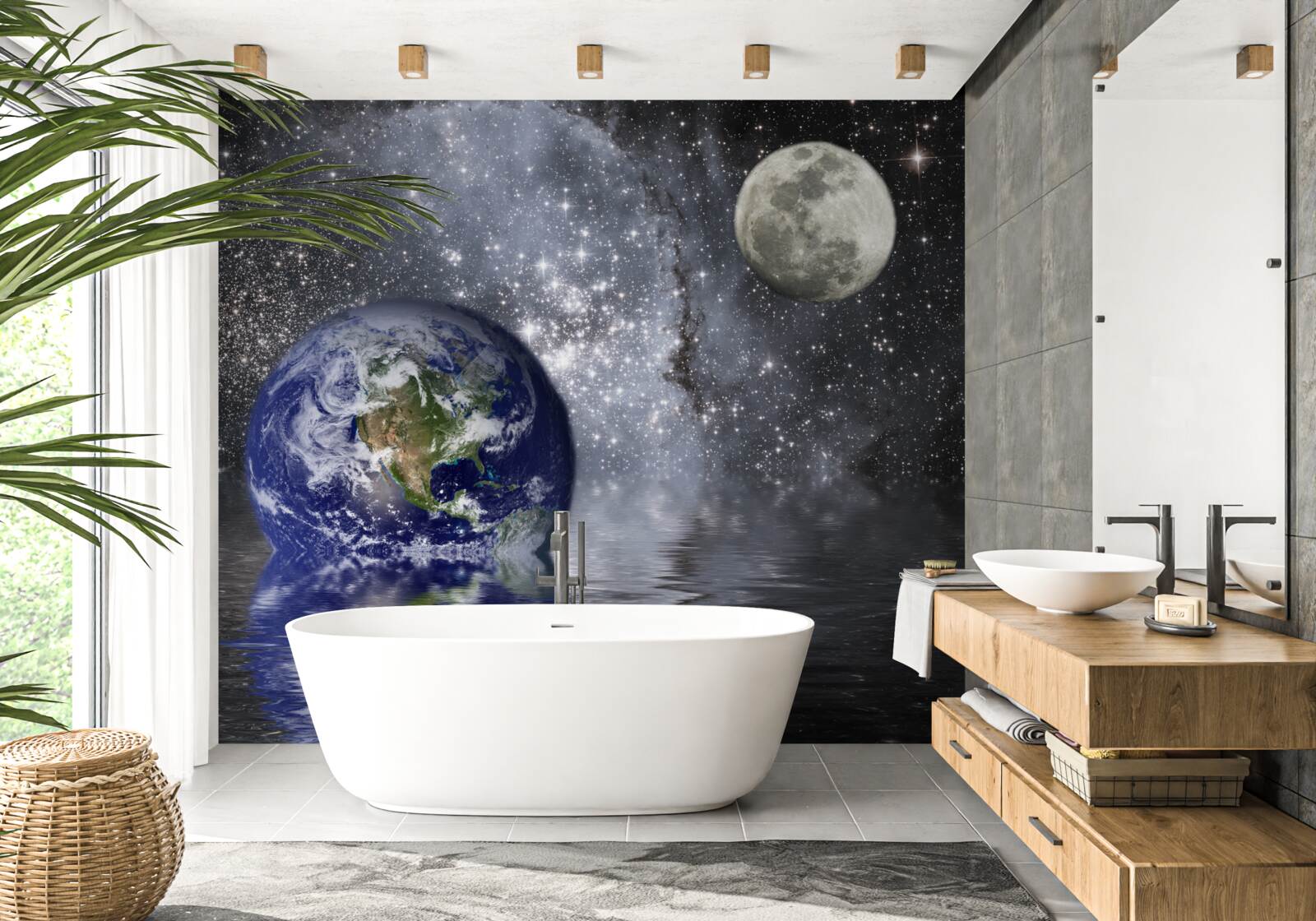 Fototapeta voda obklopuje Zem a Mesiac vo vesmíre