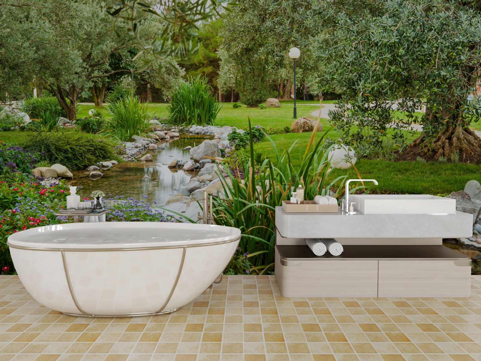 Fototapeta potok pretekajúci zelenou lúkou