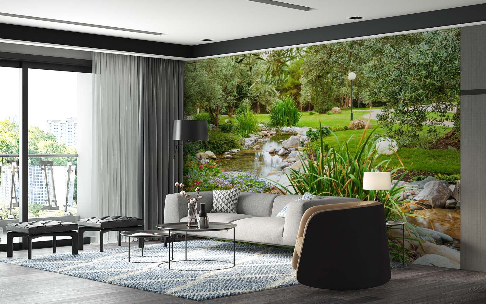 Fototapeta potok pretekajúci zelenou lúkou