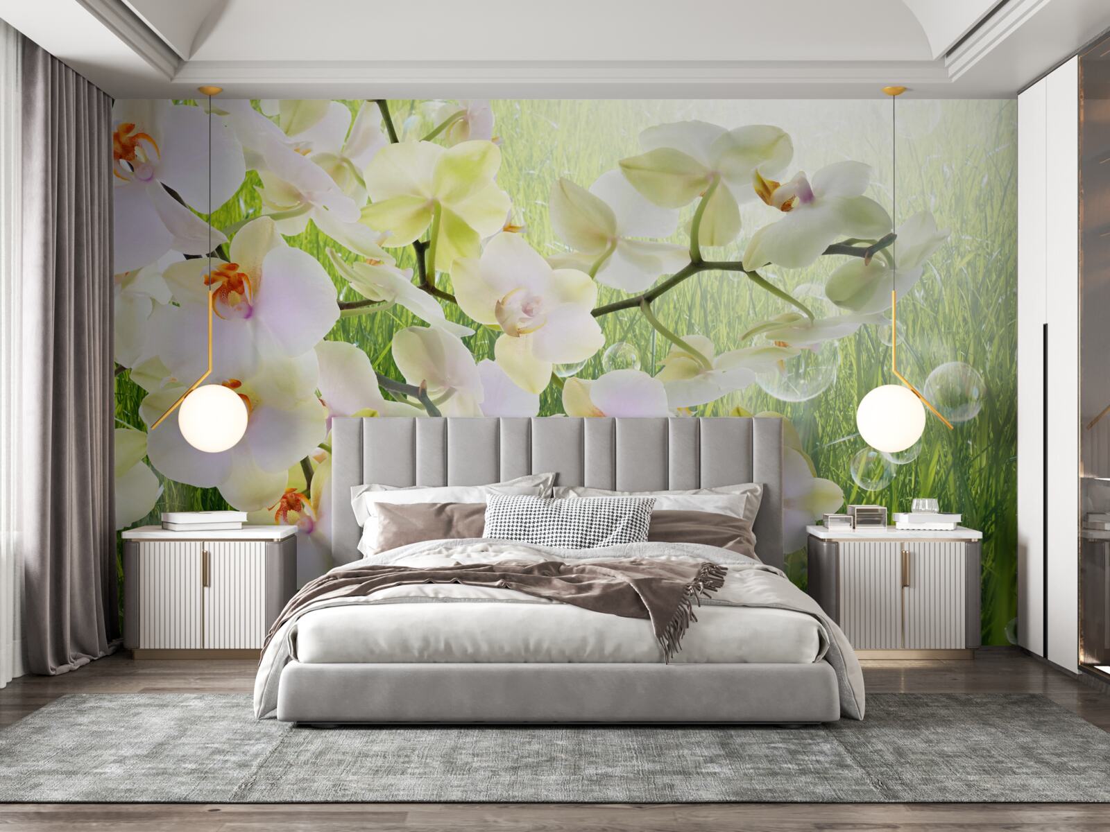 Fototapeta konáre bielych čerešňových kvetov a púpavy