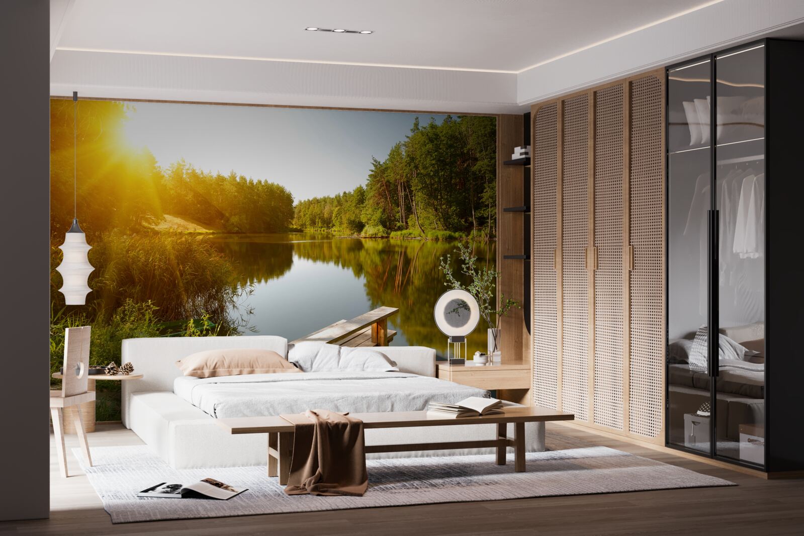 Fototapeta jasné ráno v lese pri rybníku