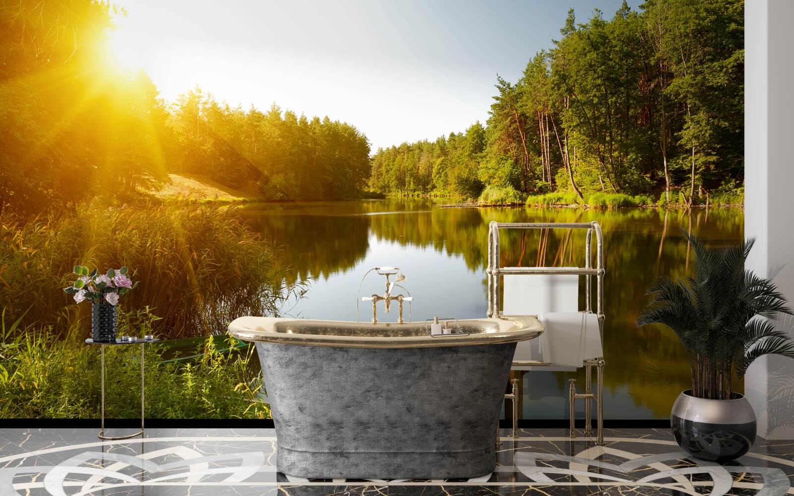 Fototapeta jasné ráno v lese pri rybníku