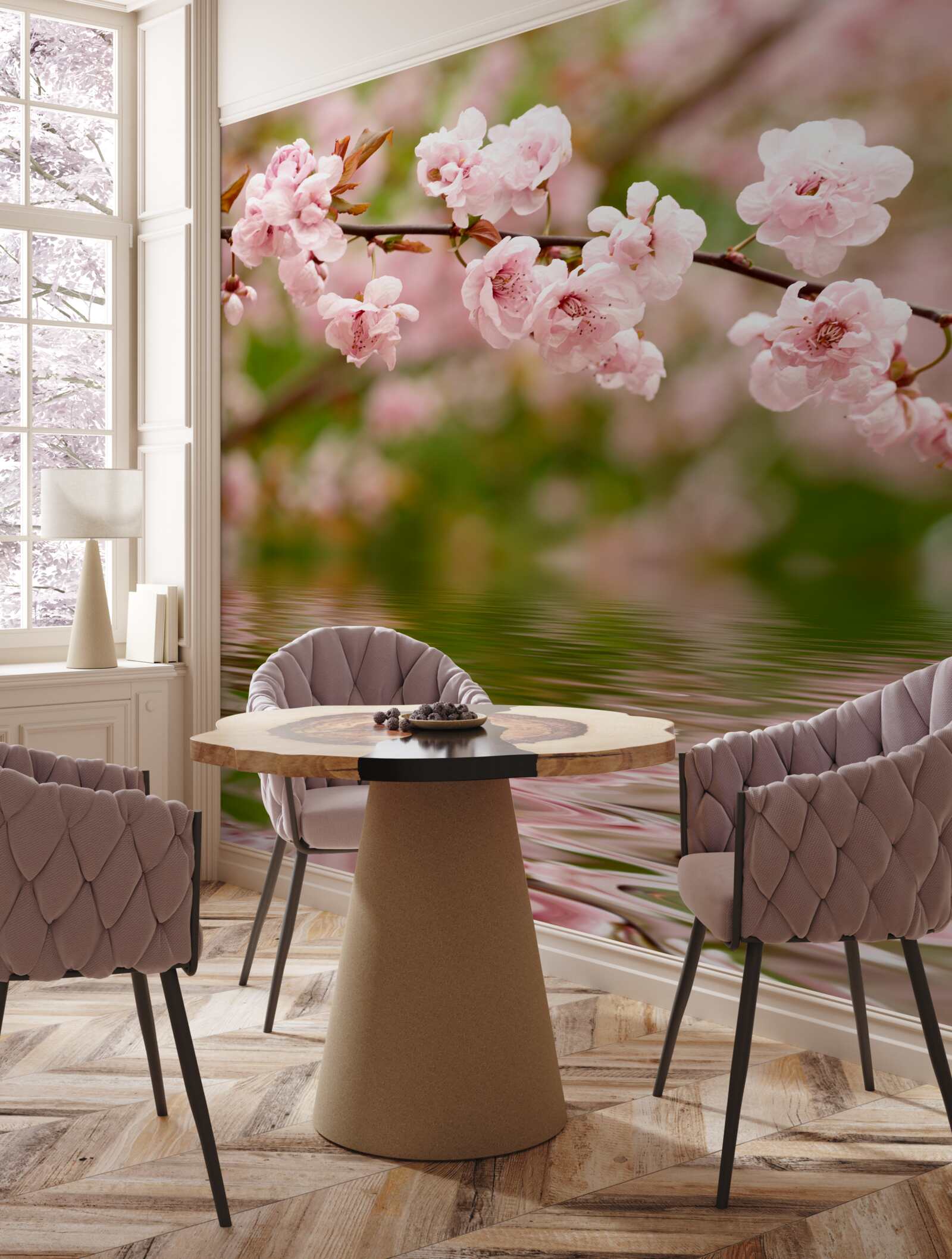 Fototapeta vetva s kvetmi na vodnej hladine