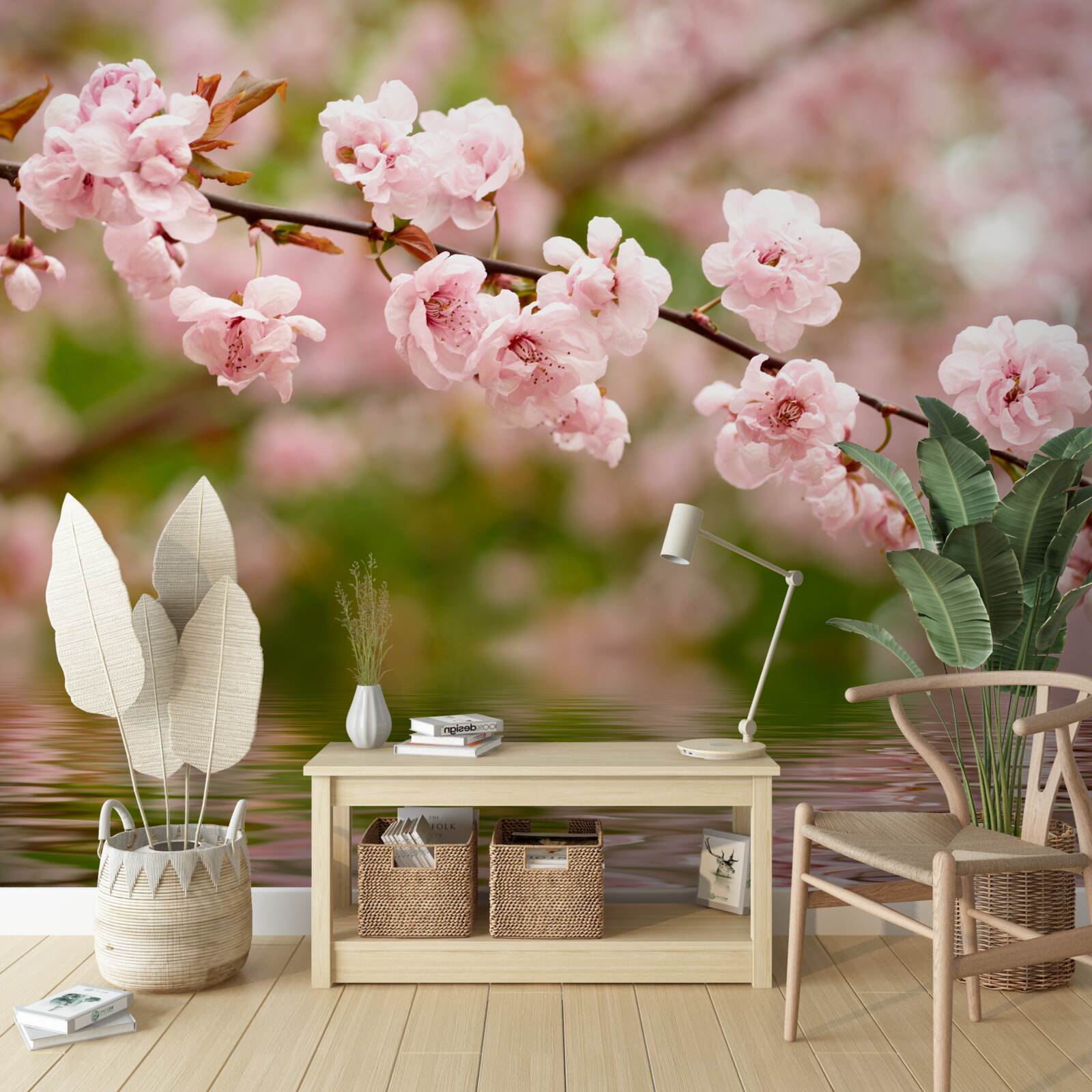 Fototapeta vetva s kvetmi na vodnej hladine