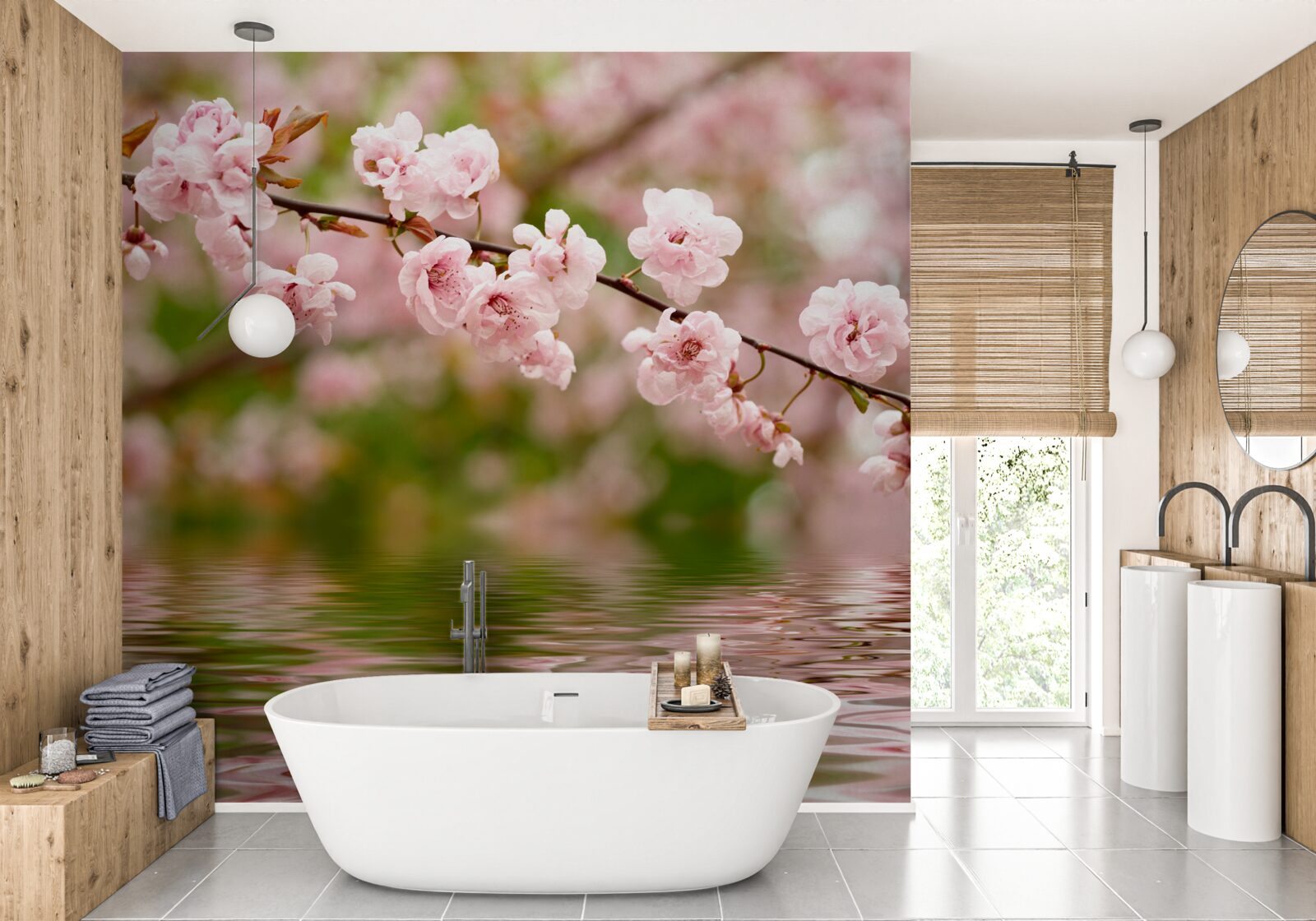 Fototapeta vetva s kvetmi na vodnej hladine