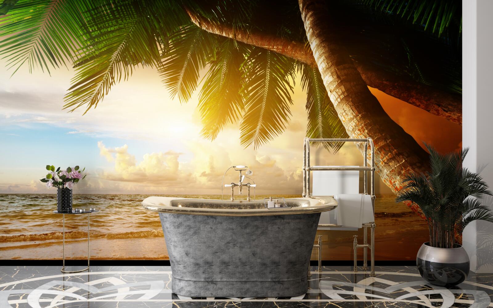 Fototapeta palma pri vode pri západe slnka v tropoch
