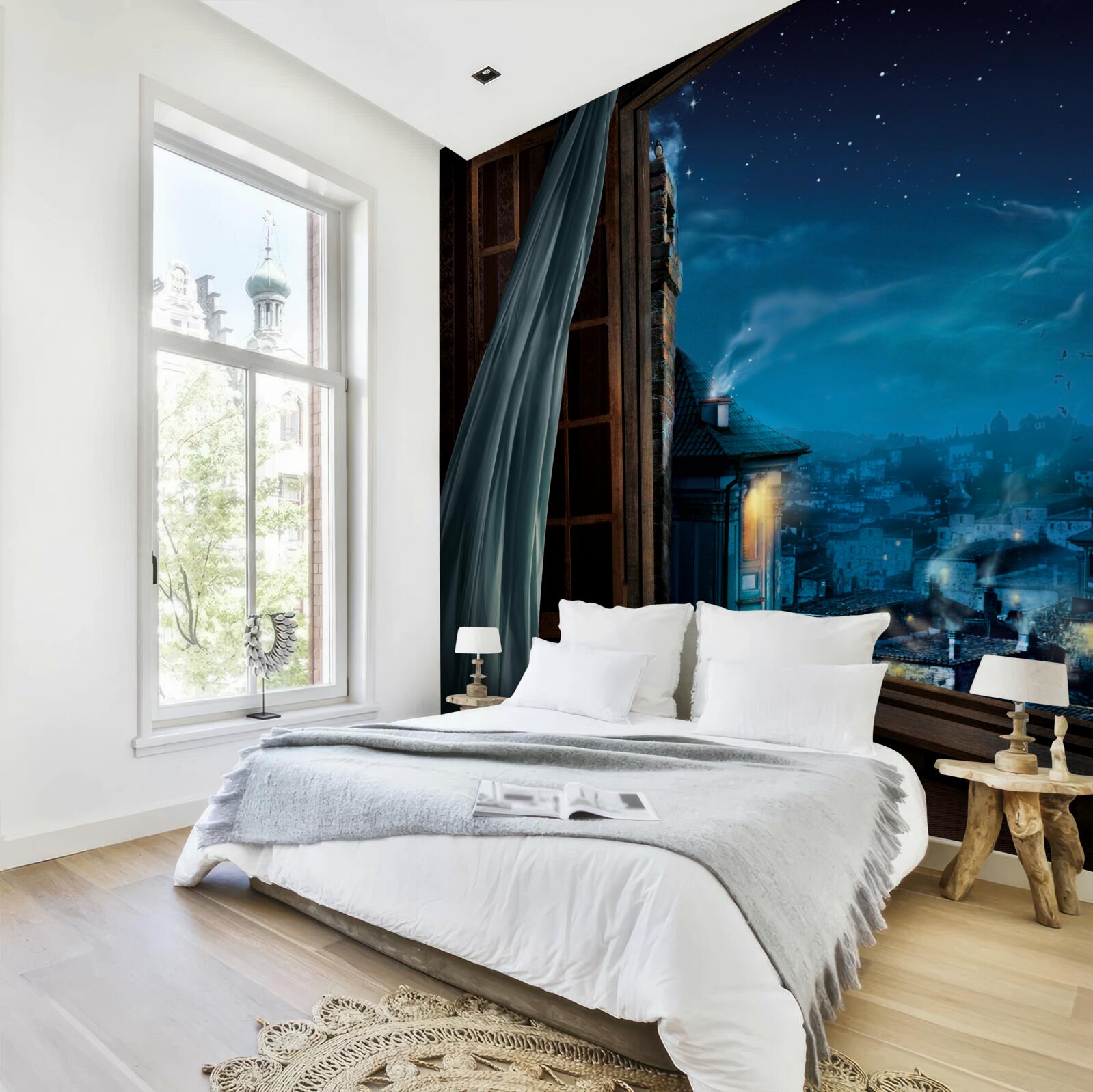 Fototapeta prúdiť z okna na nočnú oblohu