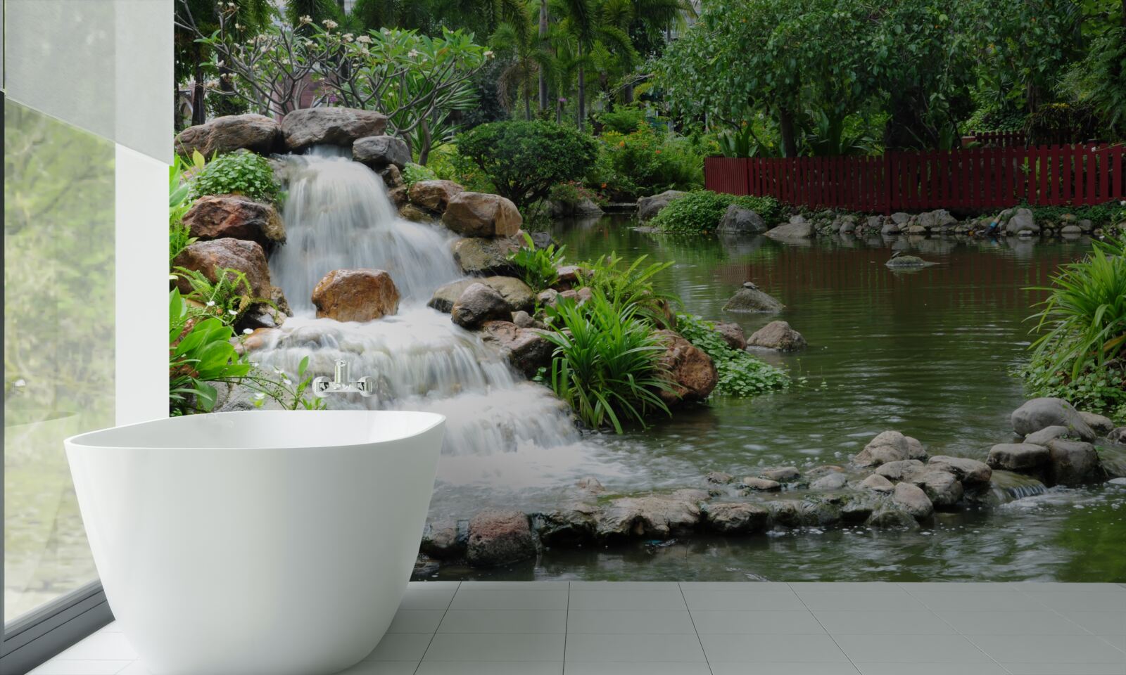 Fototapeta malý vodopád obklopený zelenou