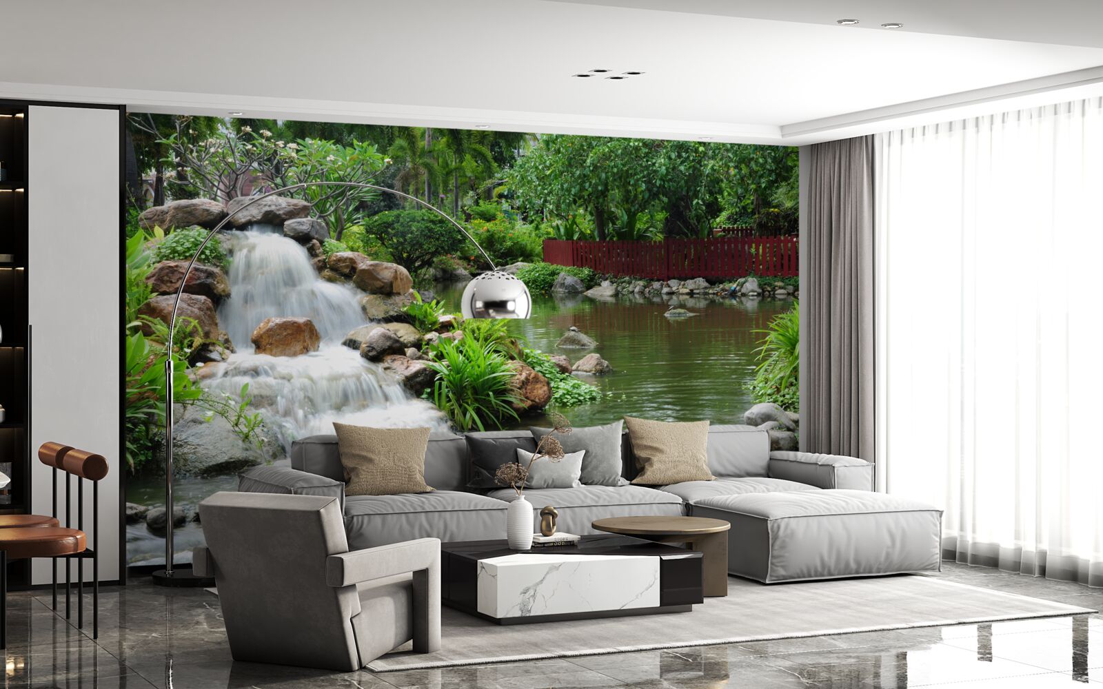 Fototapeta malý vodopád obklopený zelenou