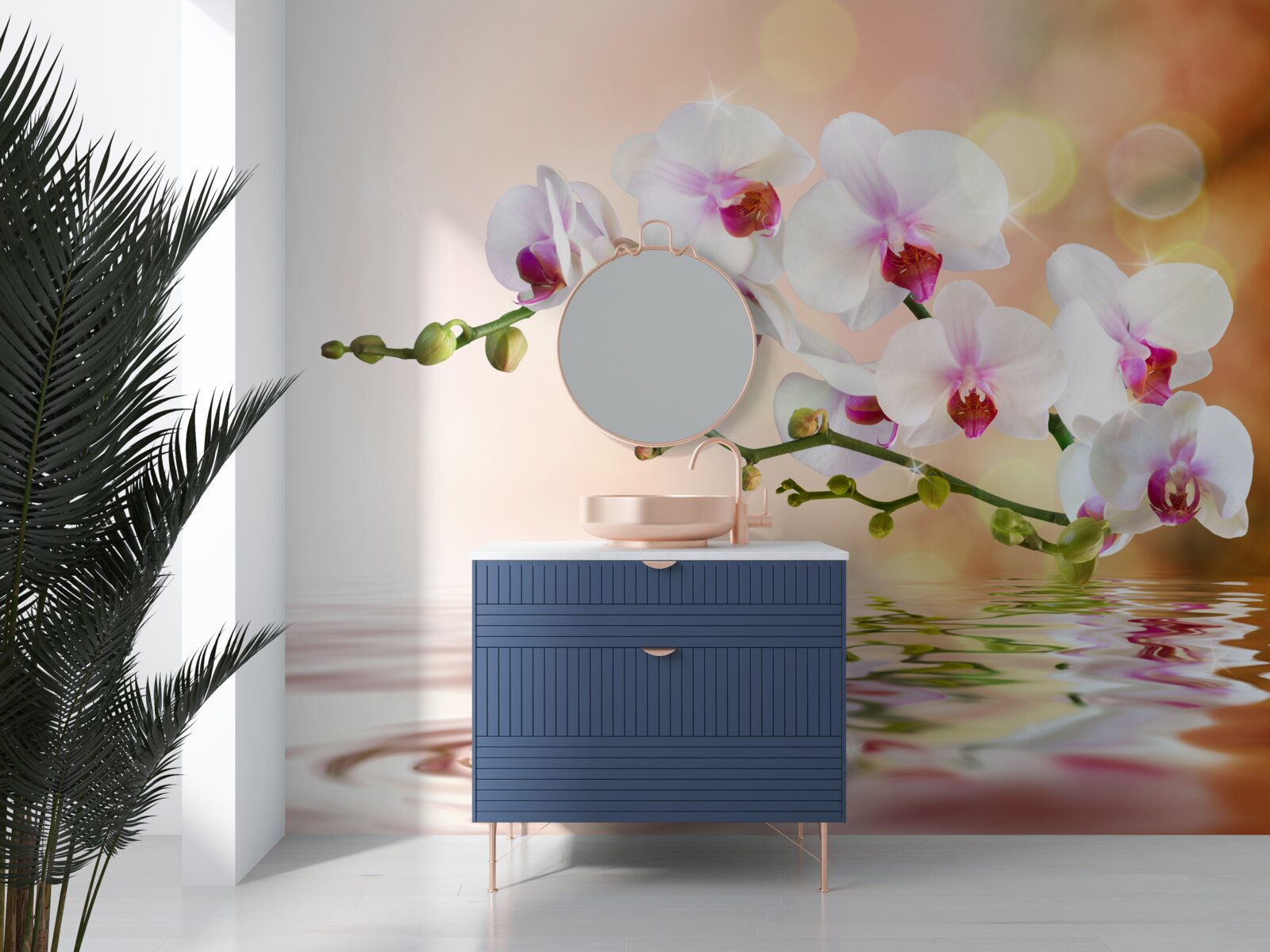 Fototapeta vetva bielej orchidey odrážajúca sa vode