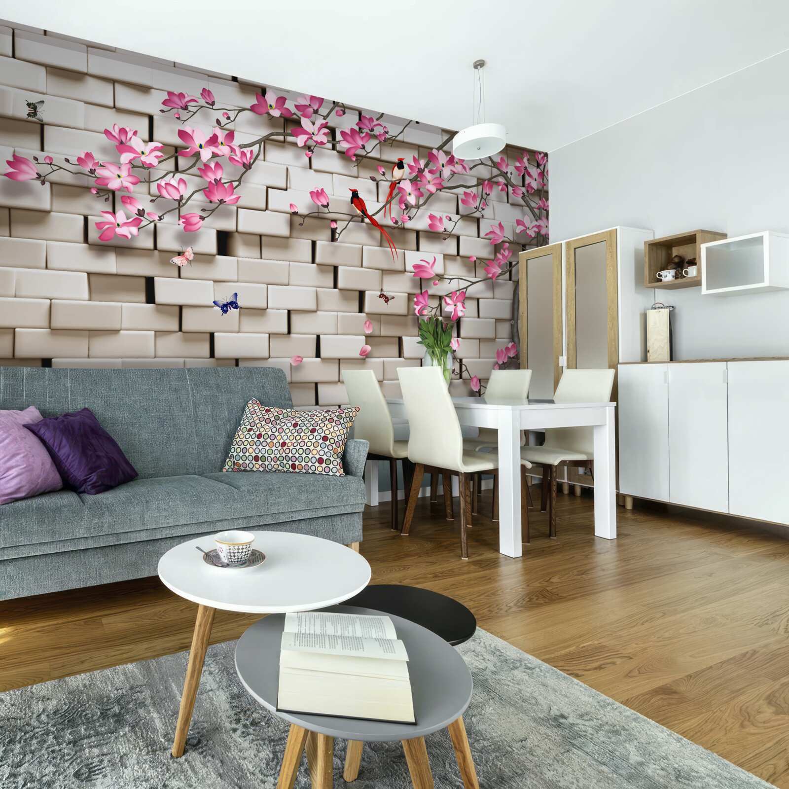 Fototapeta na zadnej strane tehlowa stena rozkvitla sakura