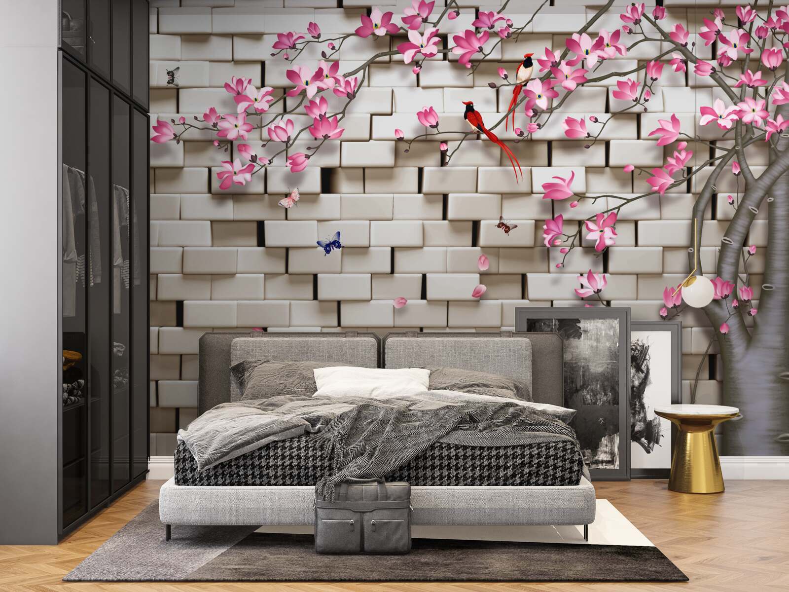 Fototapeta na zadnej strane tehlowa stena rozkvitla sakura