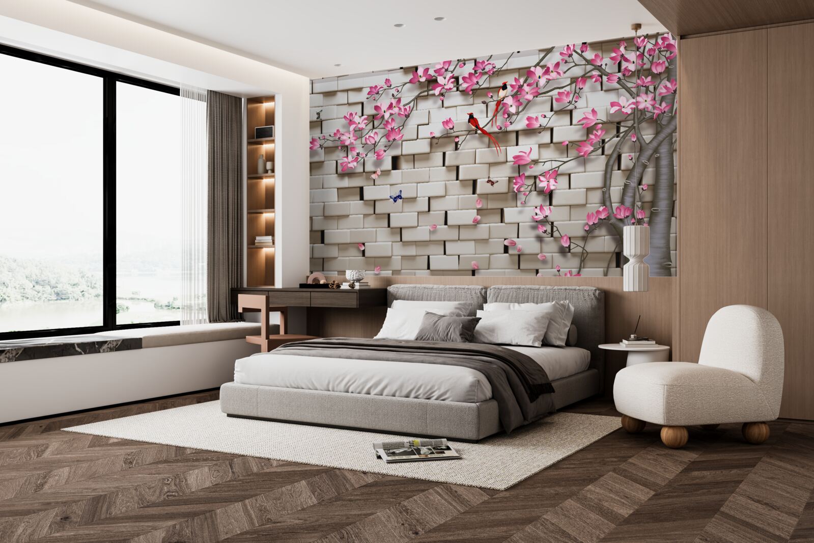 Fototapeta na zadnej strane tehlowa stena rozkvitla sakura