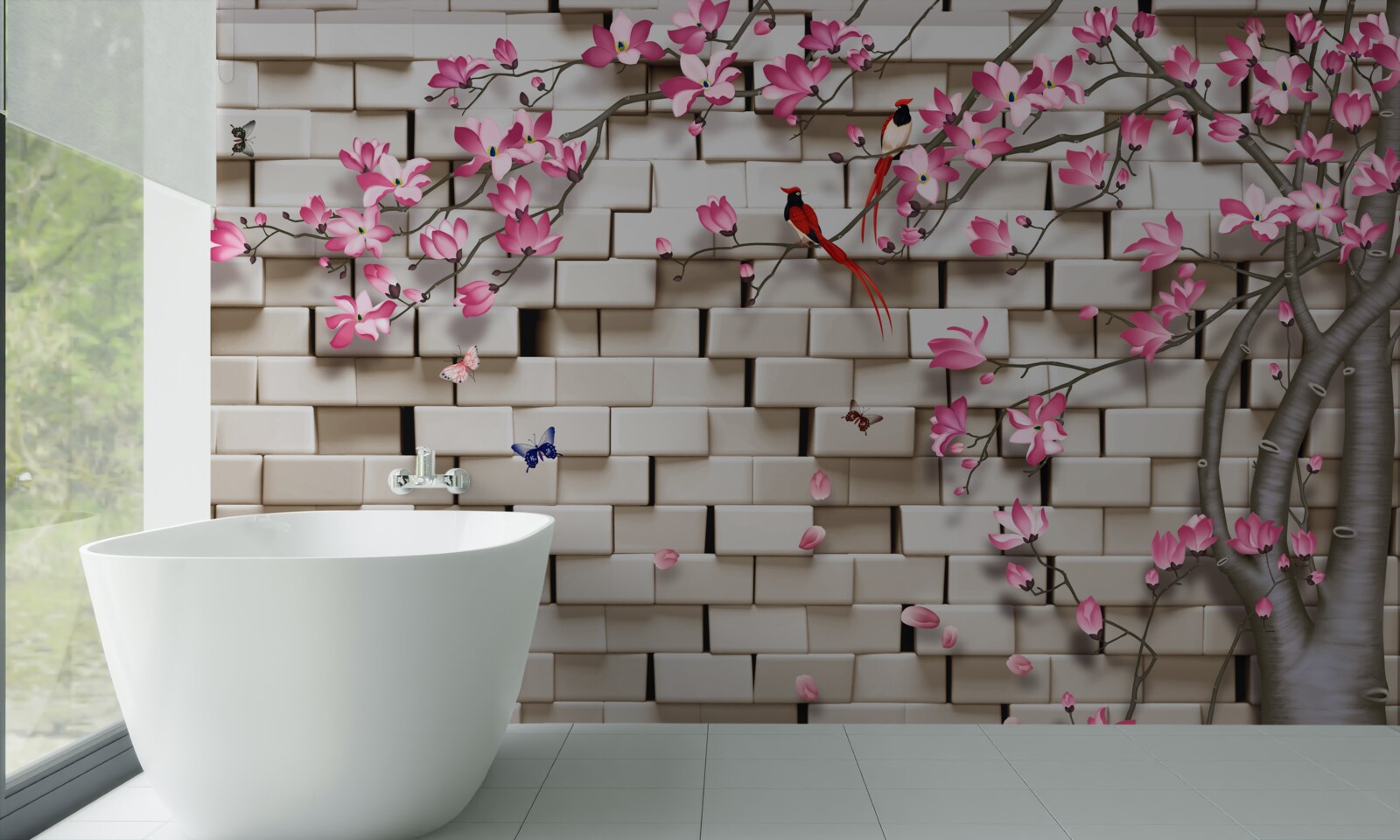 Fototapeta na zadnej strane tehlowa stena rozkvitla sakura