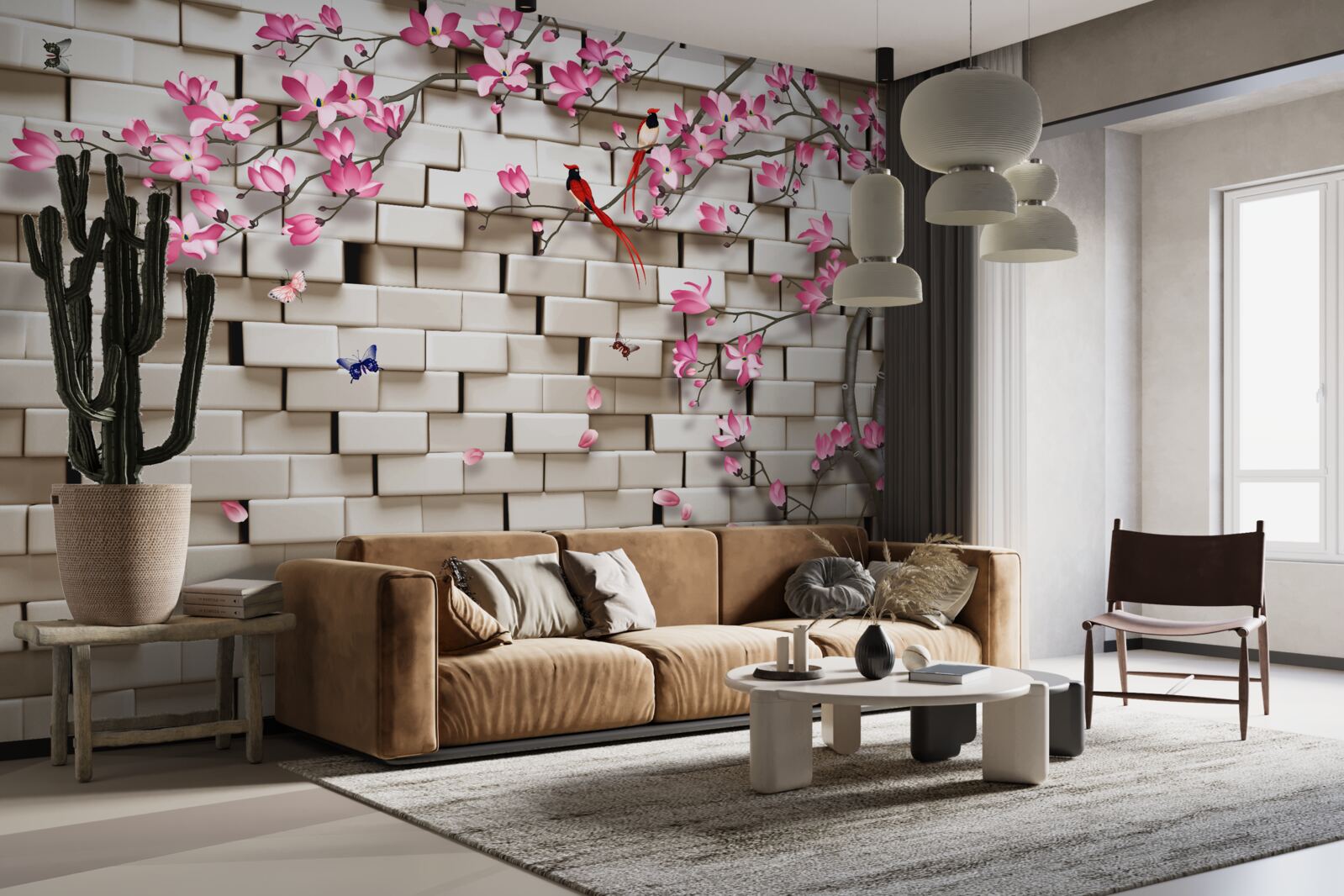 Fototapeta na zadnej strane tehlowa stena rozkvitla sakura