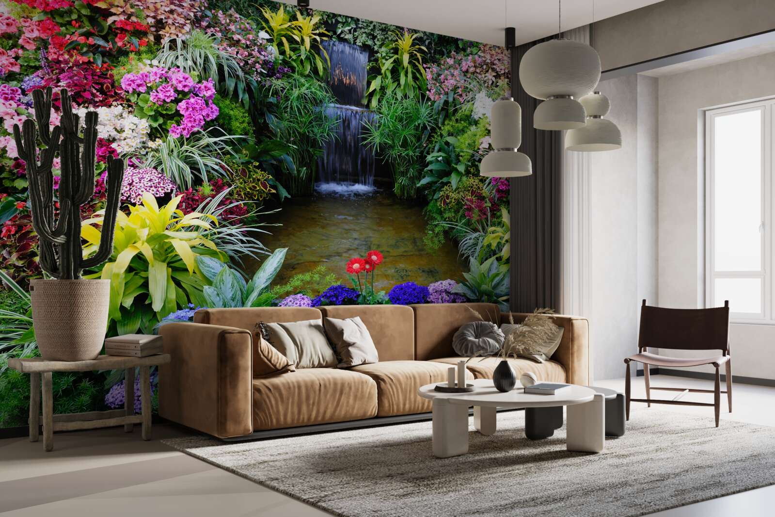 Fototapeta tropické kvety vedľa horského vodopádu