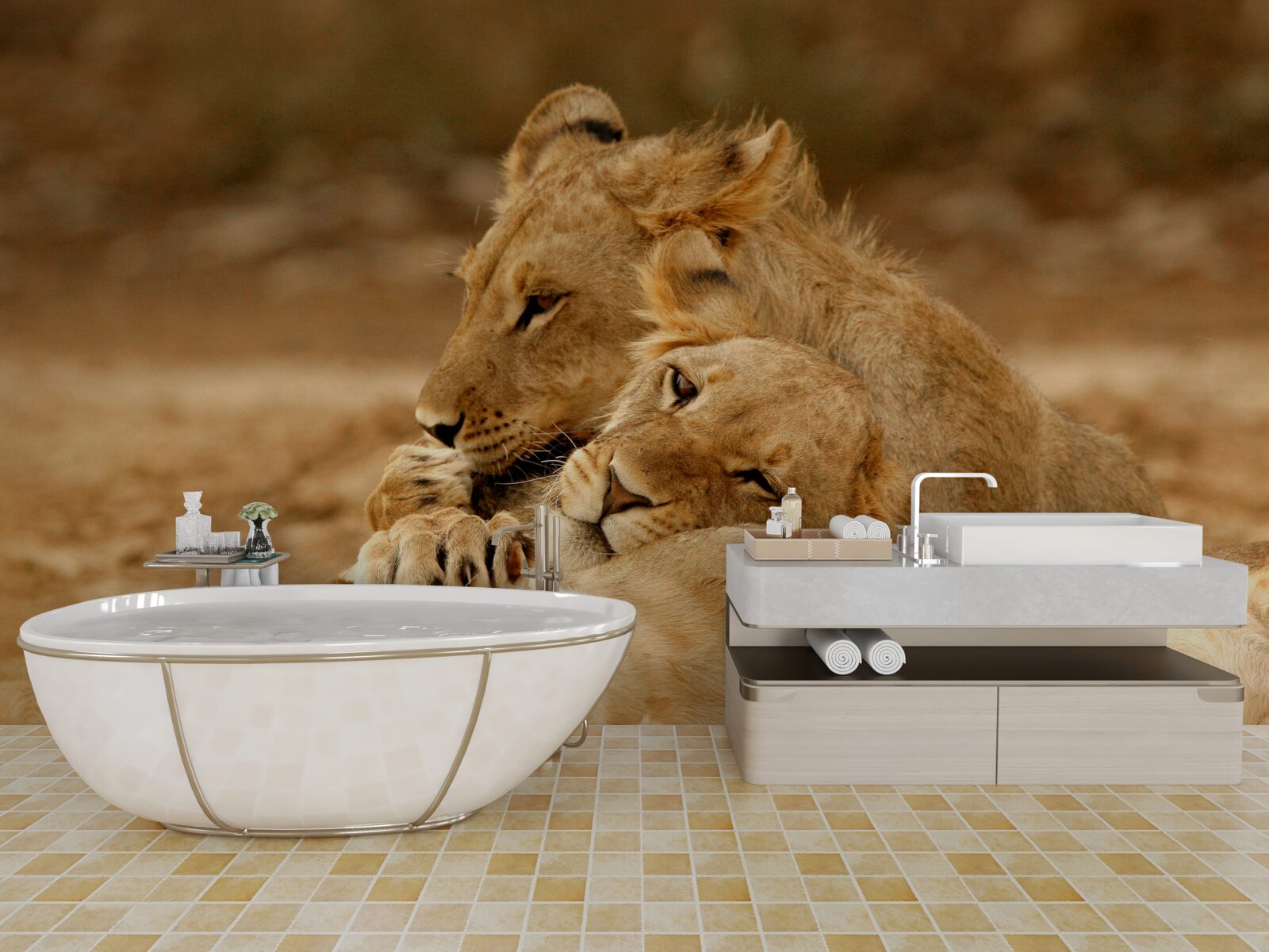 Fototapeta na piesočnatej hladine sa usadila rodinka levov