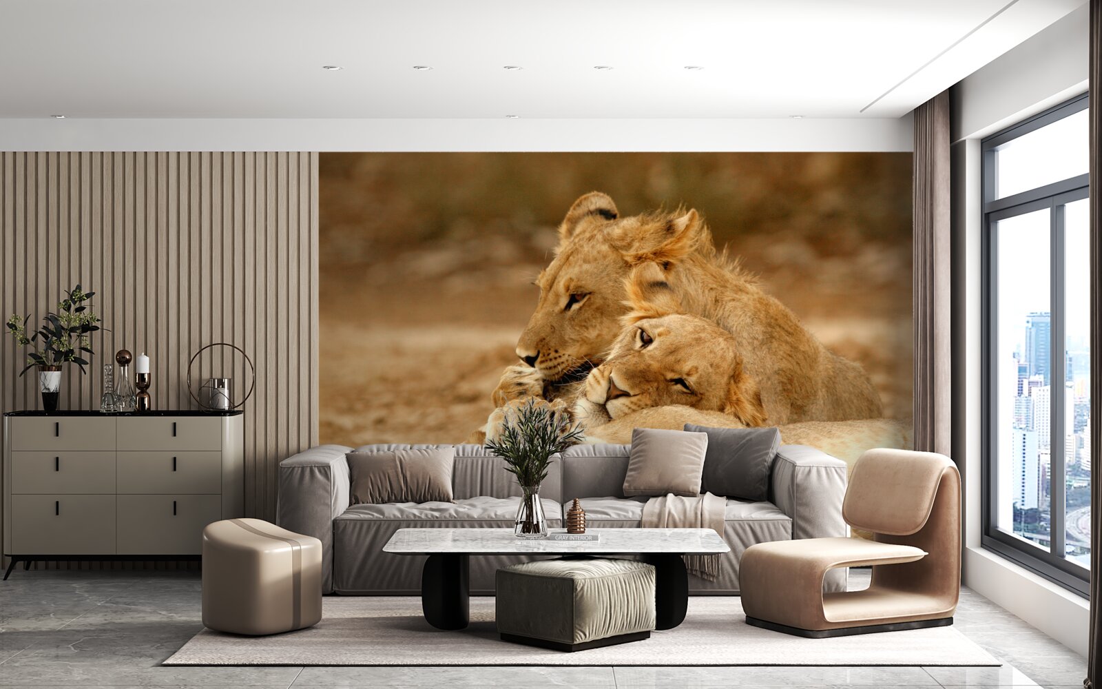 Fototapeta na piesočnatej hladine sa usadila rodinka levov