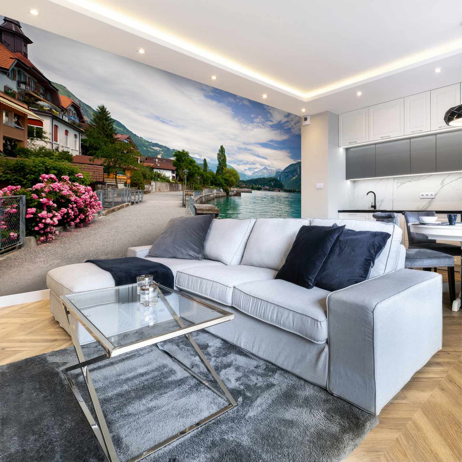 Fototapeta osada v horách pri vodnej nádrži