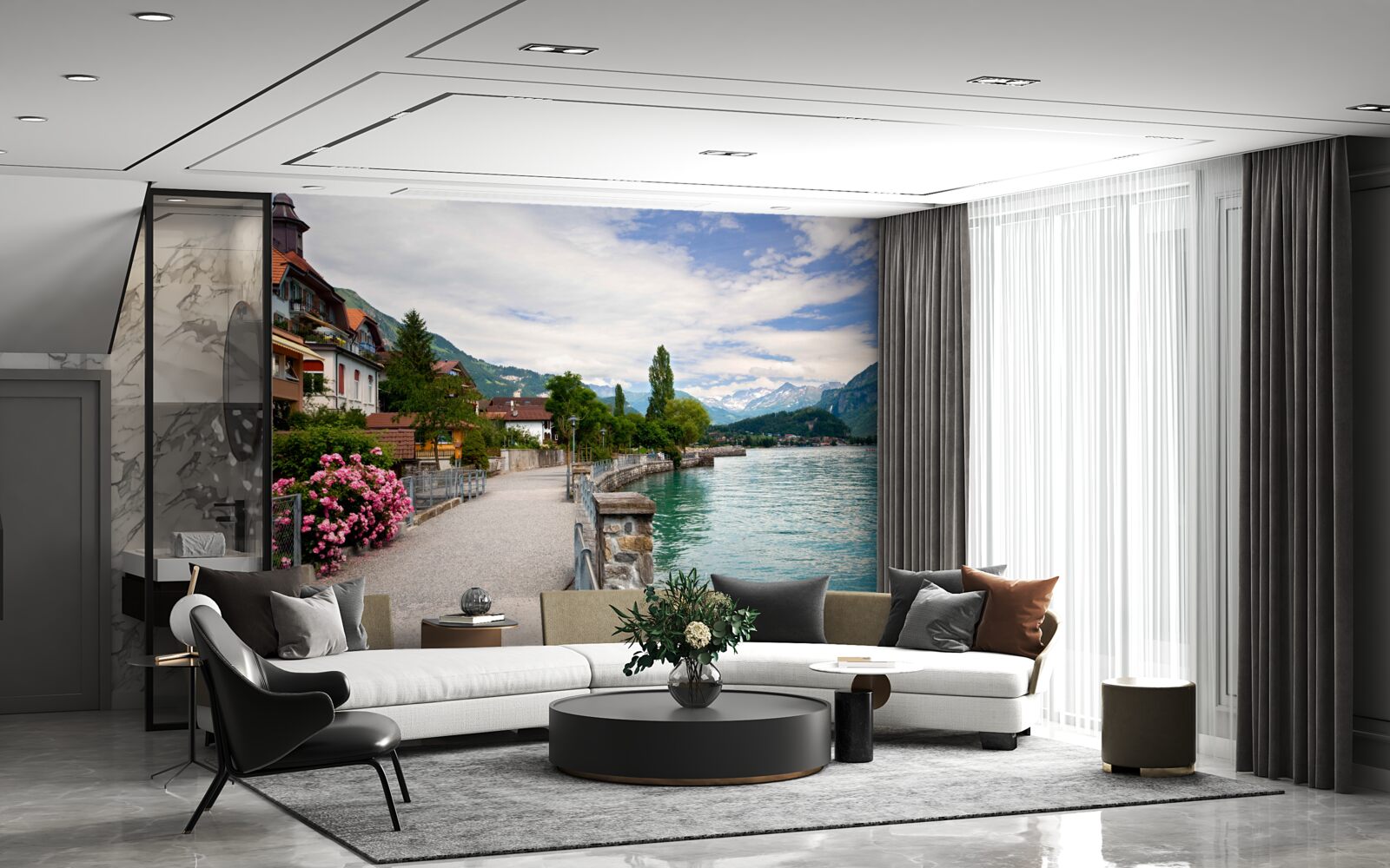 Fototapeta osada v horách pri vodnej nádrži