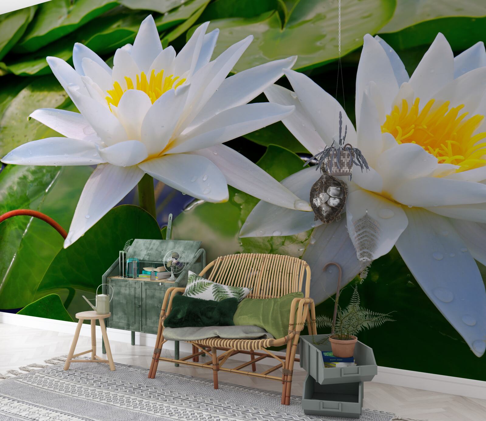 Fototapeta svetlo biela so zelenými listami