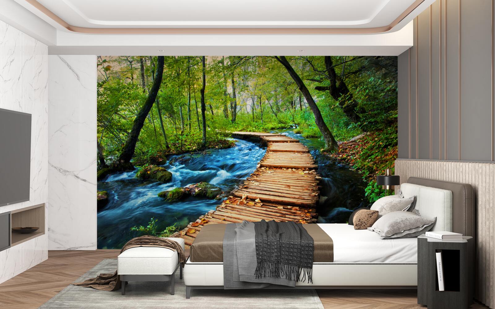 Fototapeta drevený most prechádzajúci bujnými lesmi