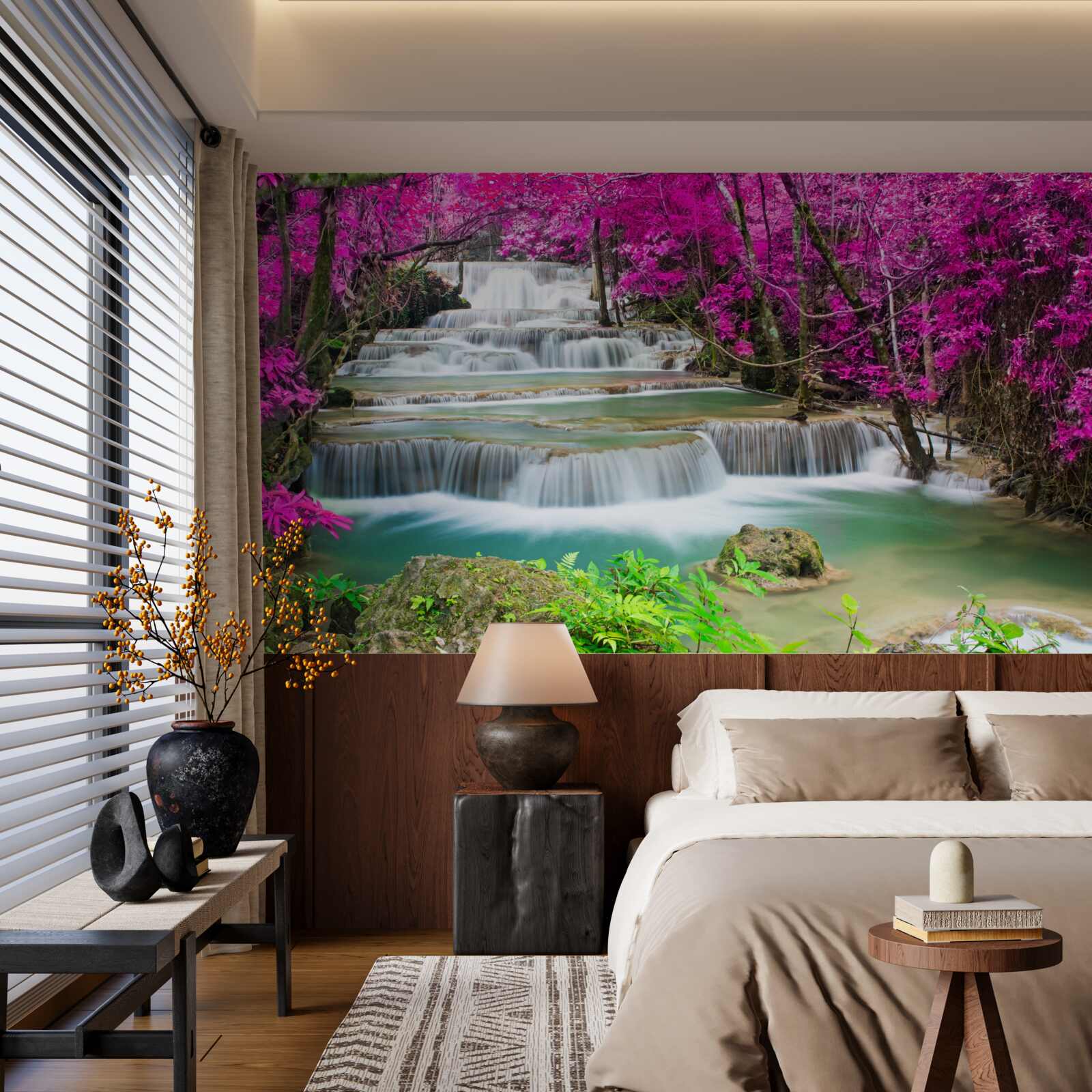 Fototapeta kvitnúce stromy v blízkosti stupňovitého vodopádu