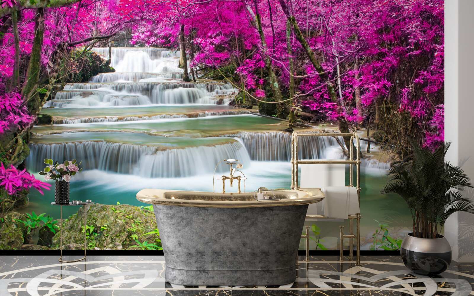 Fototapeta kvitnúce stromy v blízkosti stupňovitého vodopádu