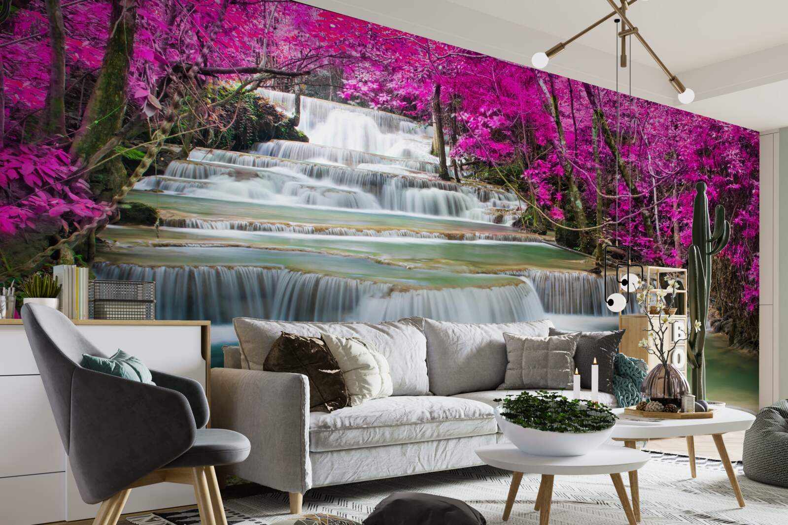 Fototapeta kvitnúce stromy v blízkosti stupňovitého vodopádu