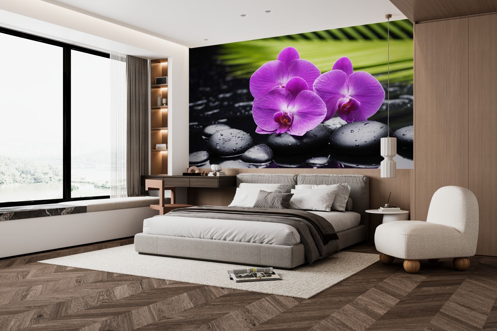 Fototapeta fialová orchidea na čiernom kameni pri vode