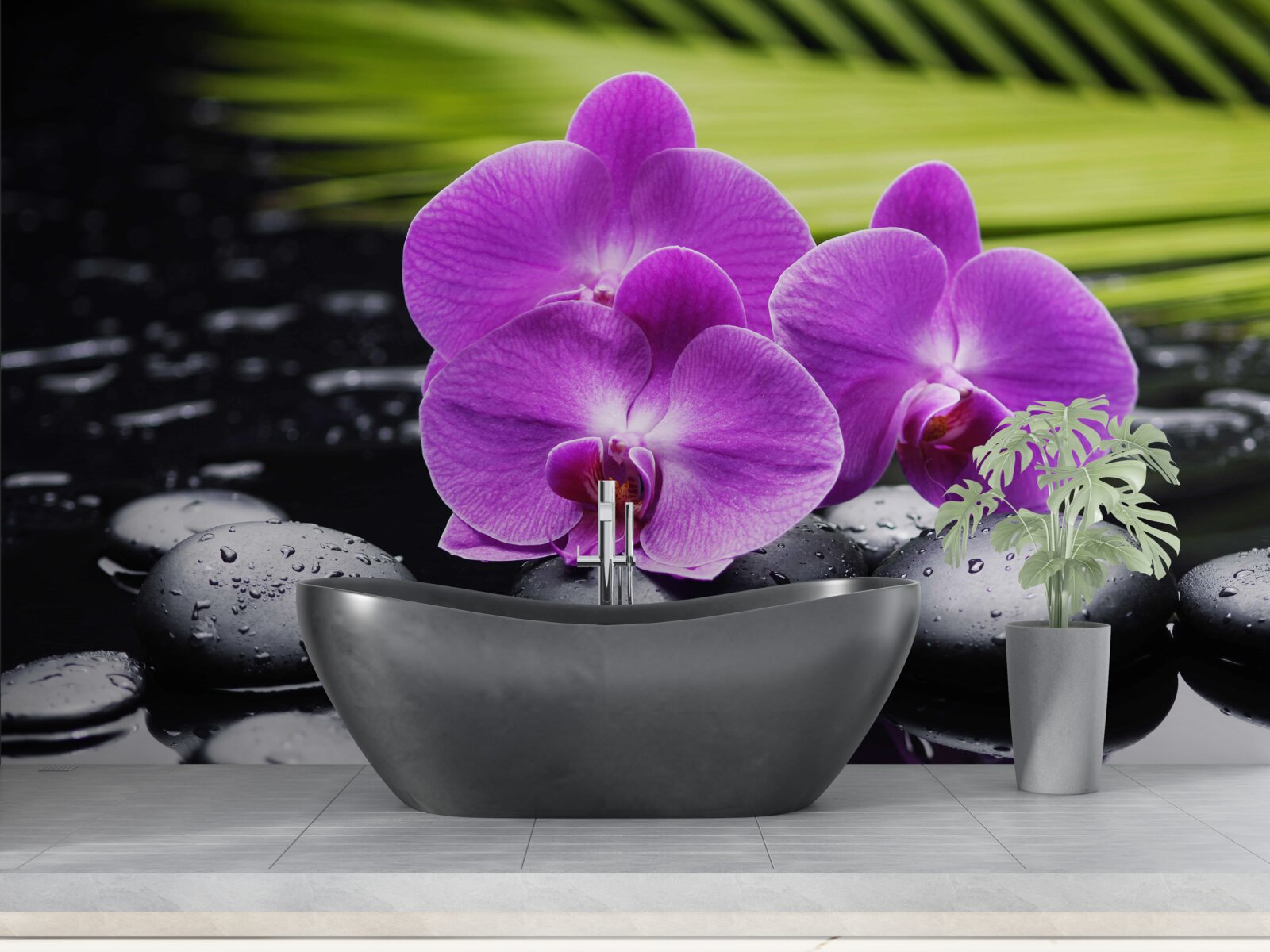 Fototapeta fialová orchidea na čiernom kameni pri vode