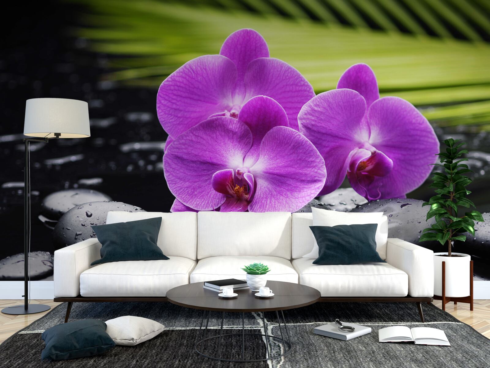 Fototapeta fialová orchidea na čiernom kameni pri vode