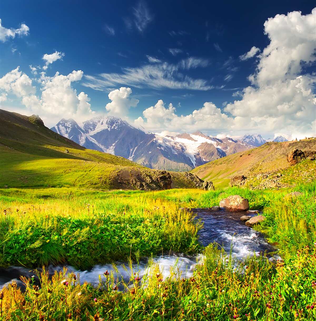 Fototapeta rieka v horách tečúca medzi lúkami