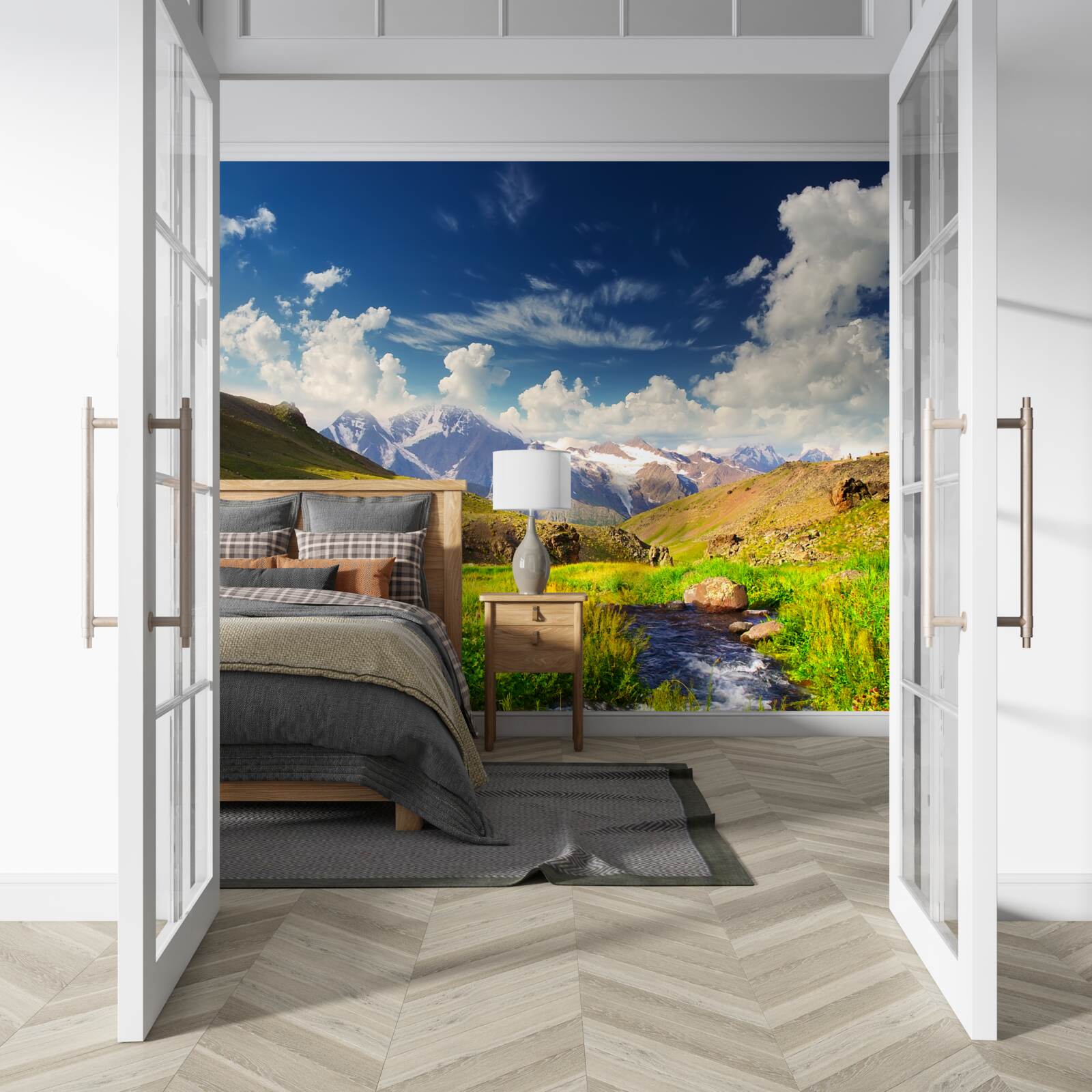 Fototapeta rieka v horách tečúca medzi lúkami