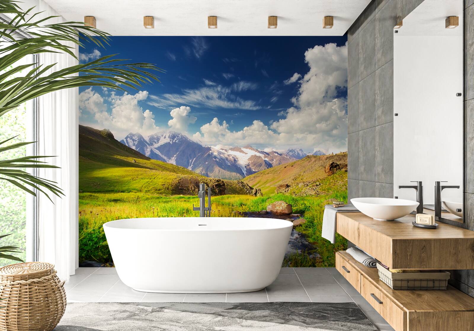 Fototapeta rieka v horách tečúca medzi lúkami