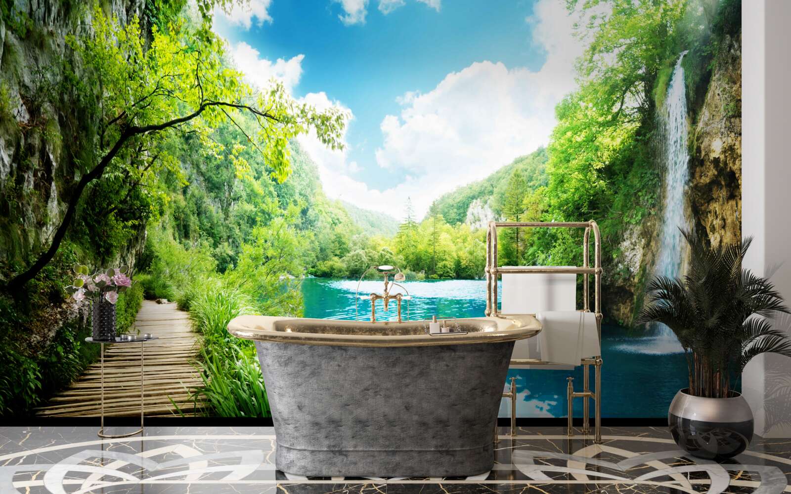 Fototapeta vysoký vodopád a cesta cez lesné stromy