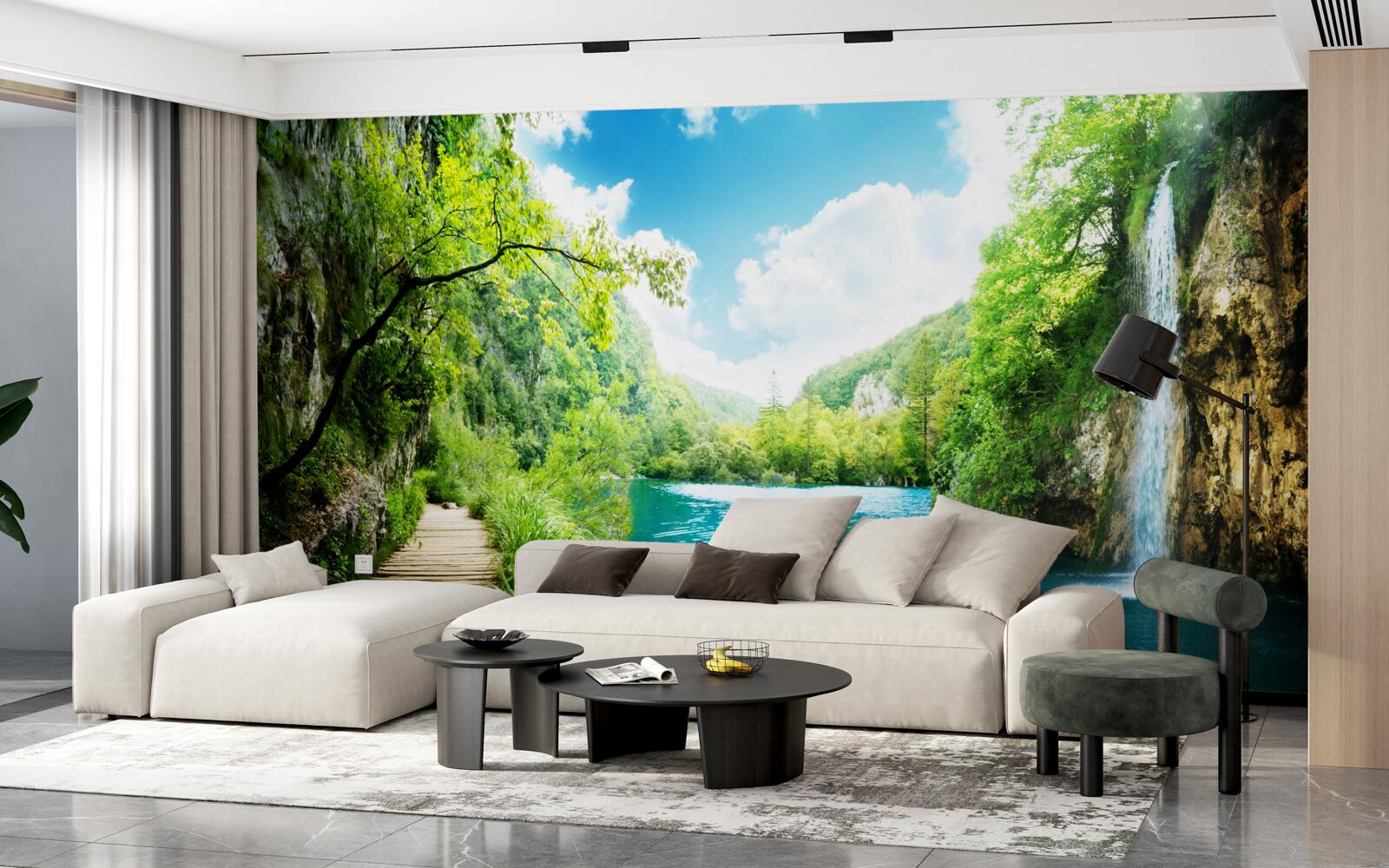 Fototapeta vysoký vodopád a cesta cez lesné stromy