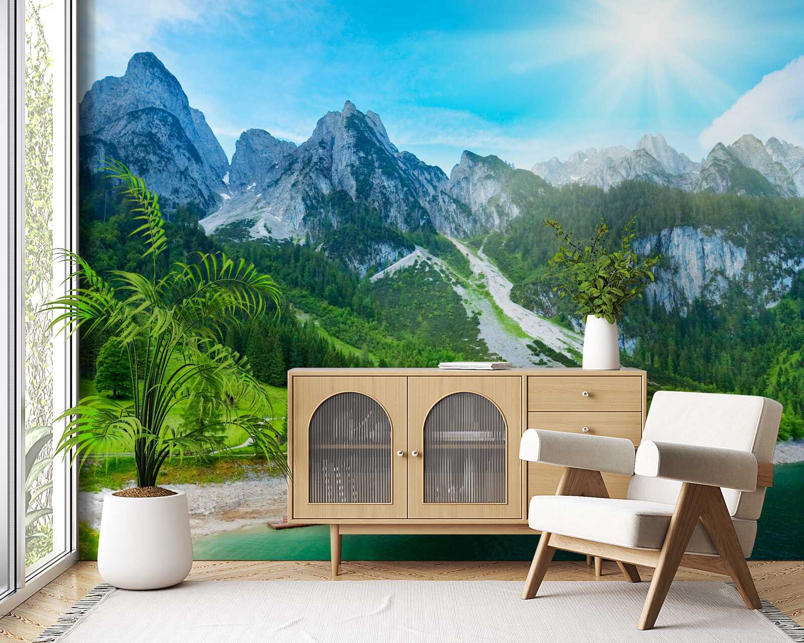 Fototapeta zasnežené vrcholky hôr a zelený les