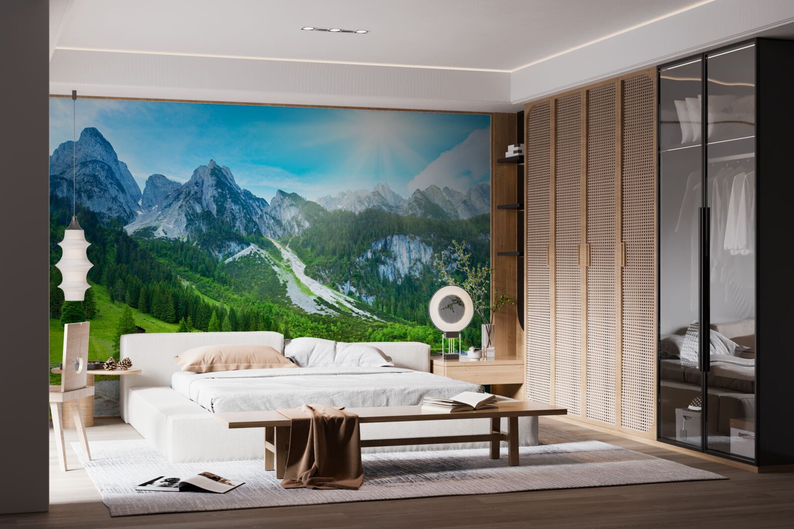 Fototapeta zasnežené vrcholky hôr a zelený les