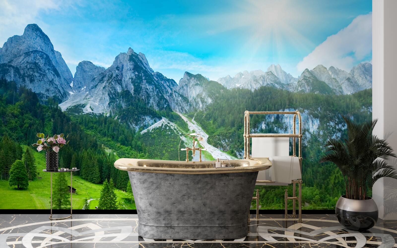 Fototapeta zasnežené vrcholky hôr a zelený les