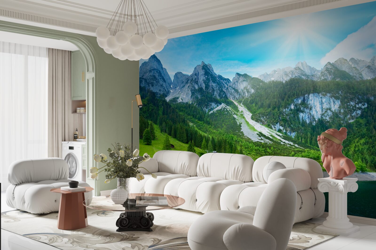 Fototapeta zasnežené vrcholky hôr a zelený les