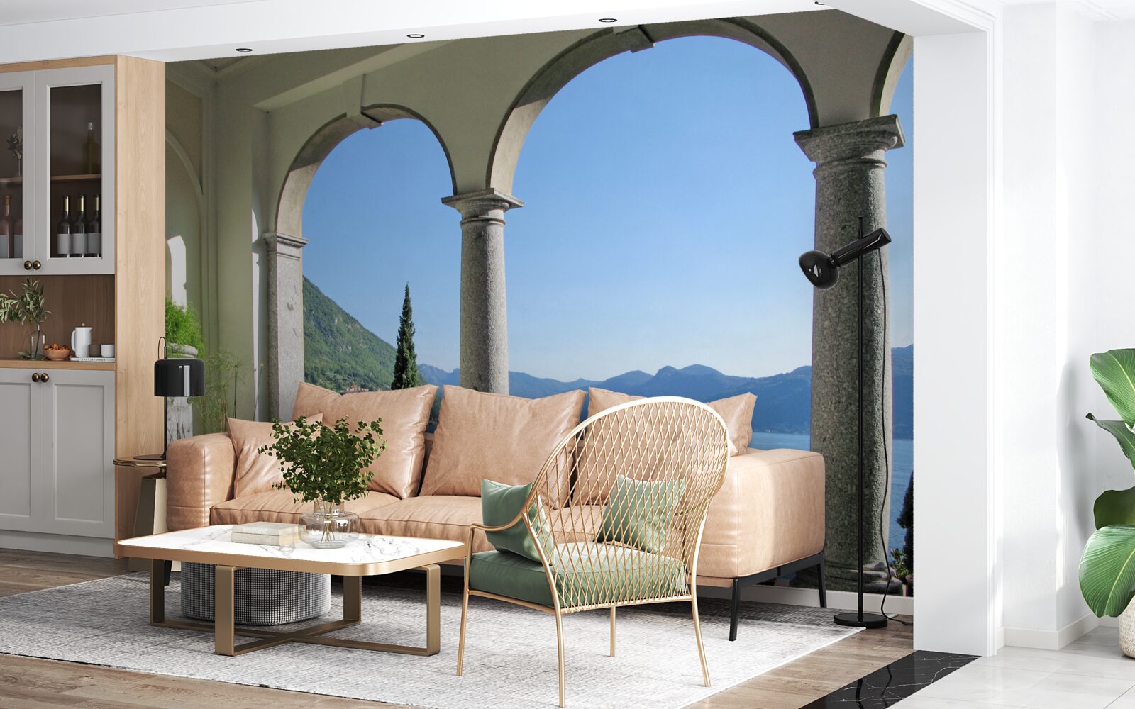 Fototapeta balkón s klenutými otvormi a výhľadom na vodu a hory