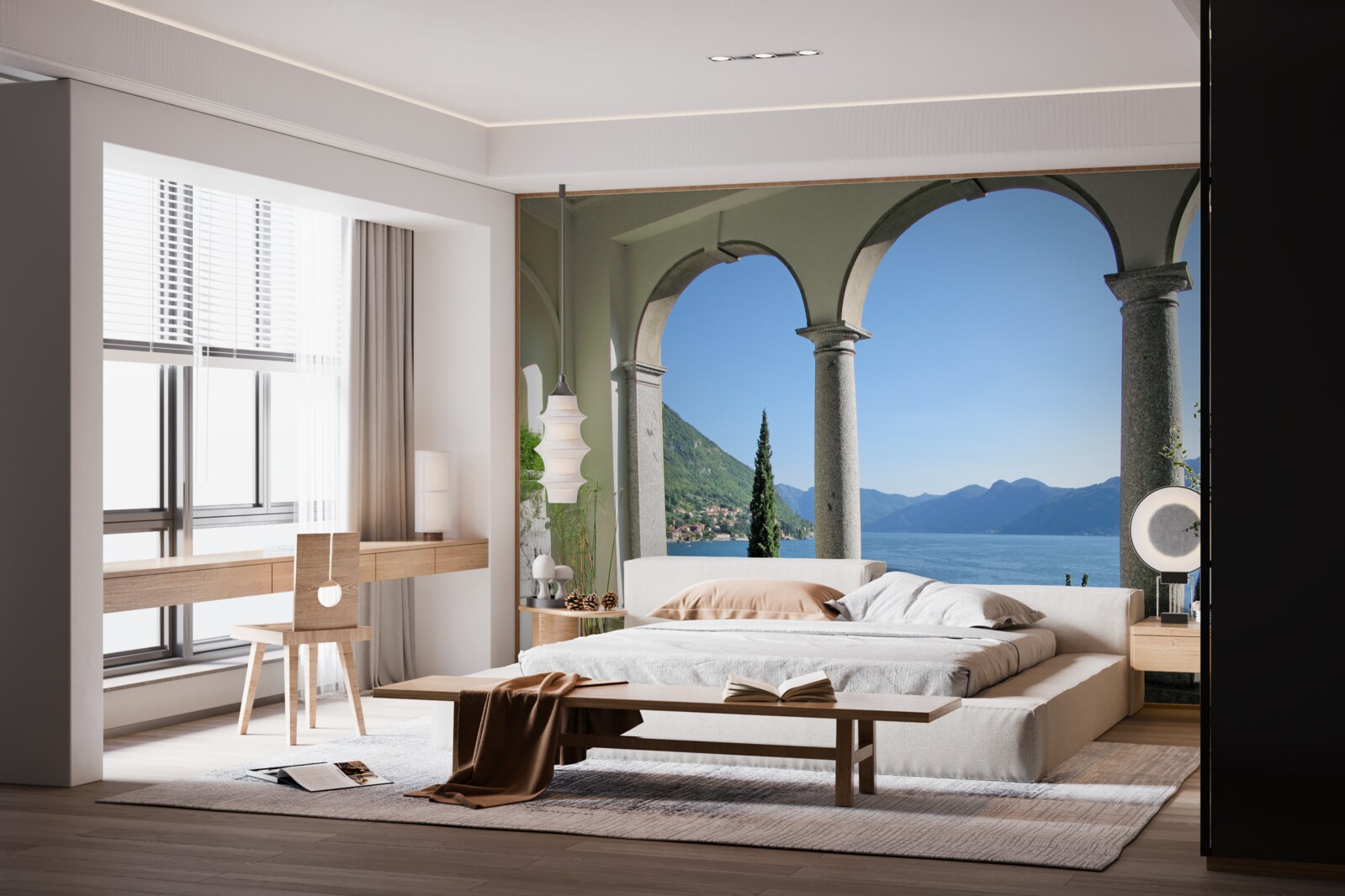 Fototapeta balkón s klenutými otvormi a výhľadom na vodu a hory